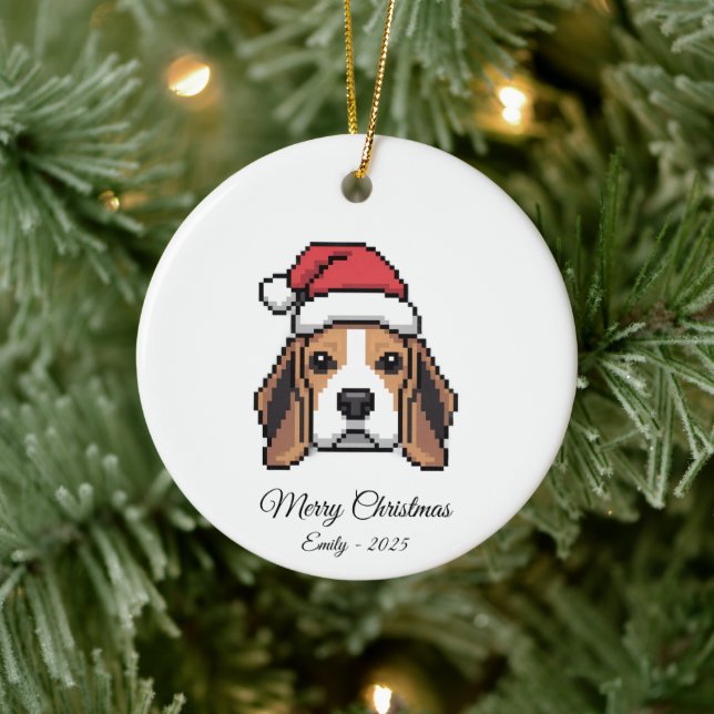 Cute Pixel Art Beagle Dog Santa Hat Christmas Gift Julgransprydnad Keramik (Träd)