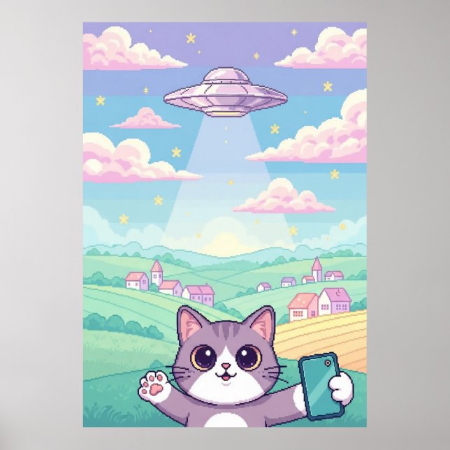 Cute Pixel Art Cat with UFO in Pastel Sky Kawaii Poster (Framsidan)