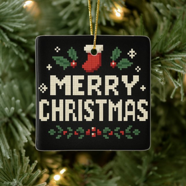 Cute pixel art Merry Christmas Julgransprydnad Keramik (Träd)