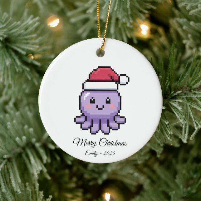 Cute Pixel Art Octopus Santa Hat Christmas Gift Julgransprydnad Keramik (Träd)
