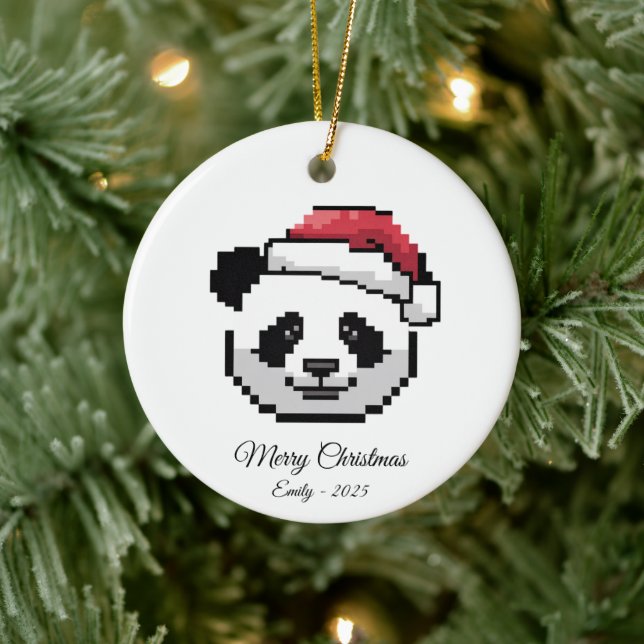 Cute Pixel Art Panda Bear Santa Hat Christmas Gift Julgransprydnad Keramik (Träd)