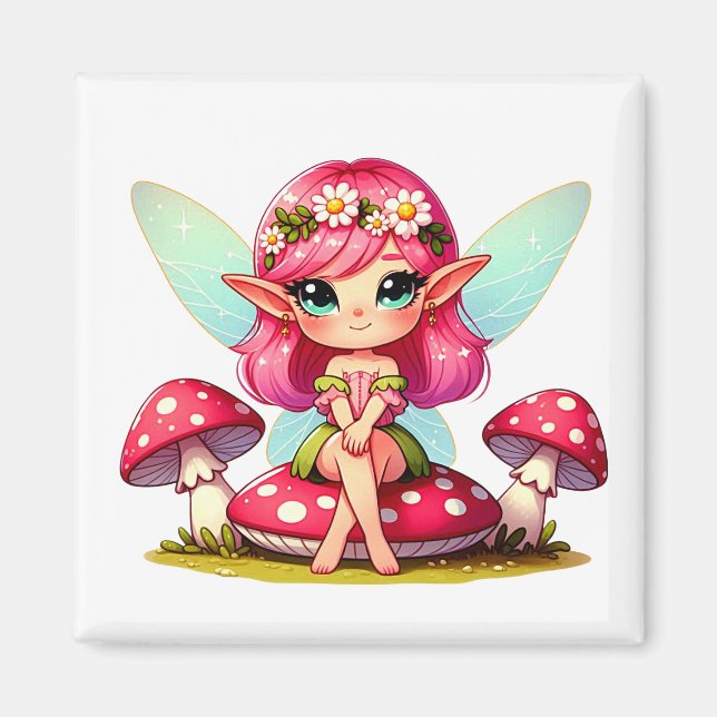 Cute pixie sitta på en toadstool magnet (Framsidan)