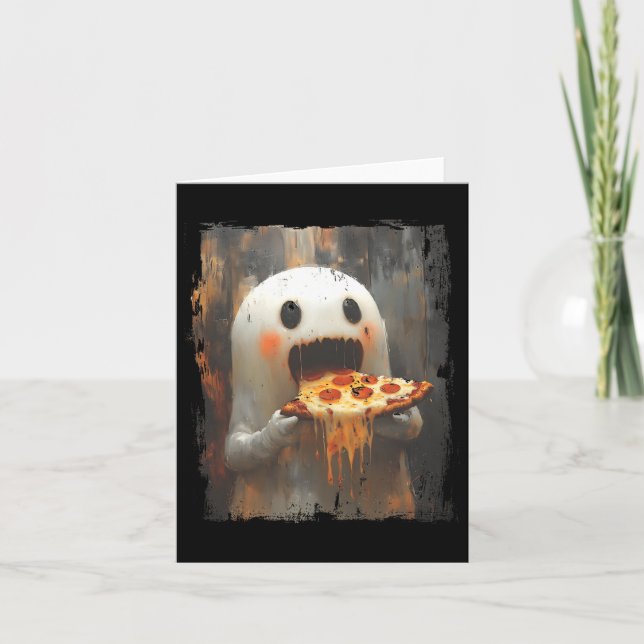 Cute Pizza Ghost Eating Pizza Funny Halloween Food Kort (Framsida)