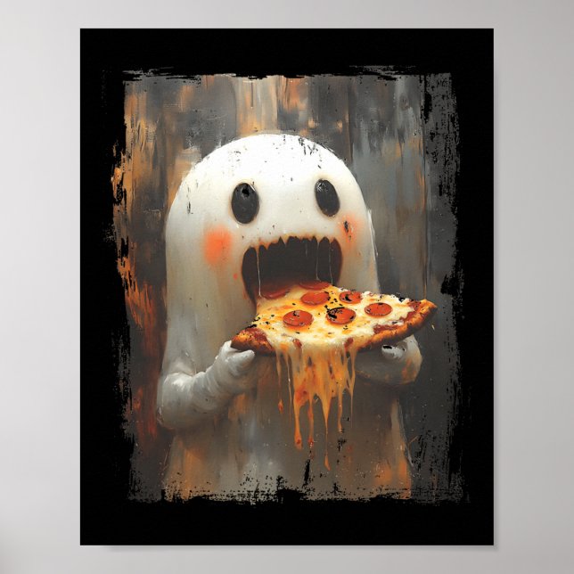 Cute Pizza Ghost Eating Pizza Funny Halloween Food Poster (Framsidan)