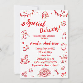 Cute Pizza Special Delivery Doodle Baby Shower Inbjudningar