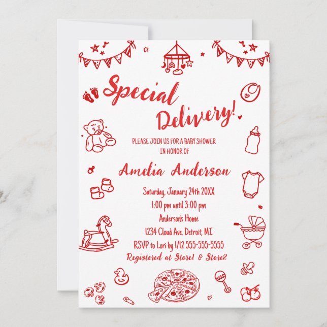 Cute Pizza Special Delivery Doodle Baby Shower Inbjudningar (Framsida)