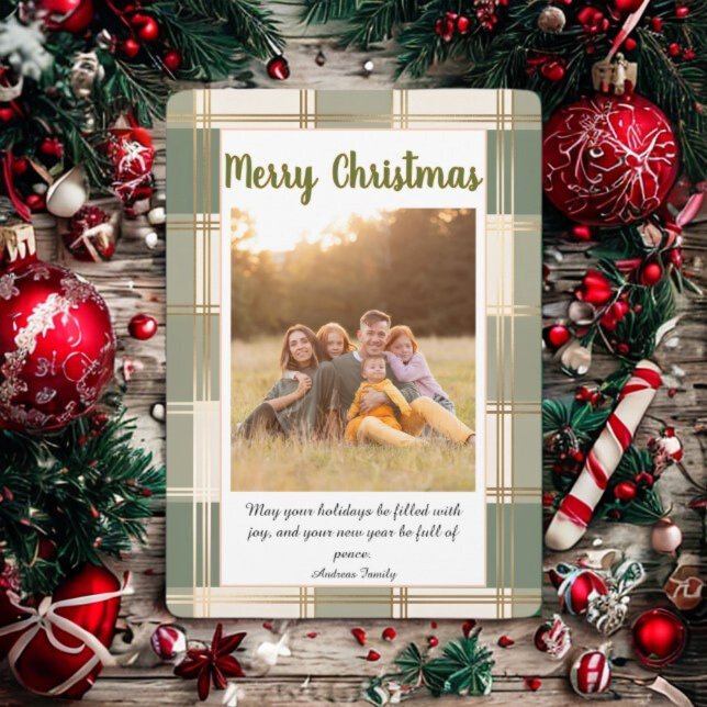 Cute Plaid Green Christmas Card with Family Photo Julkort (Skapare uppladdad)