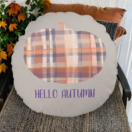 Cute plaid pumpkin fall-skript tartan grått orange rund kudde