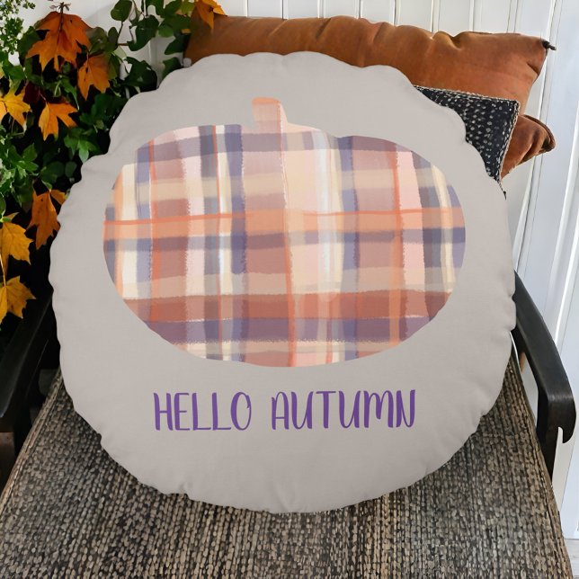 Cute plaid pumpkin fall-skript tartan grått orange rund kudde (Skapare uppladdad)