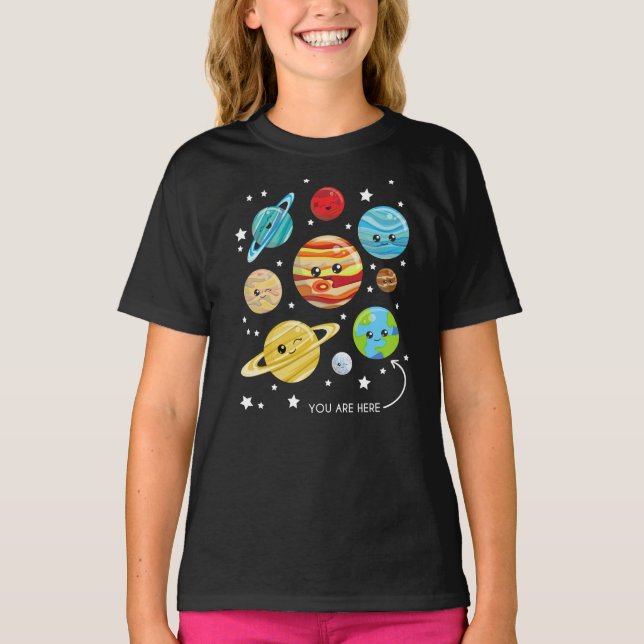 Cute Planets, Kawaii Planets, Space, Cosmos, Stars T Shirt (Framsida)