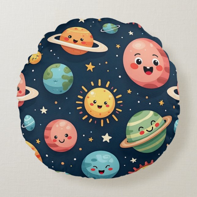Cute Planets Kawaii Space Round Pillow Rund Kudde (Framsidan)