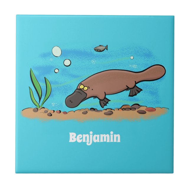 Cute platypus simmande tecknad kakelplatta (Framsidan)