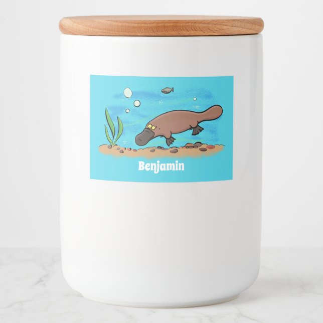 Cute platypus simmande tecknad mat etiketter (Framsida)