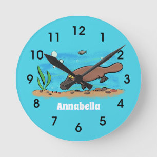 Cute platypus simmande tecknad rund klocka