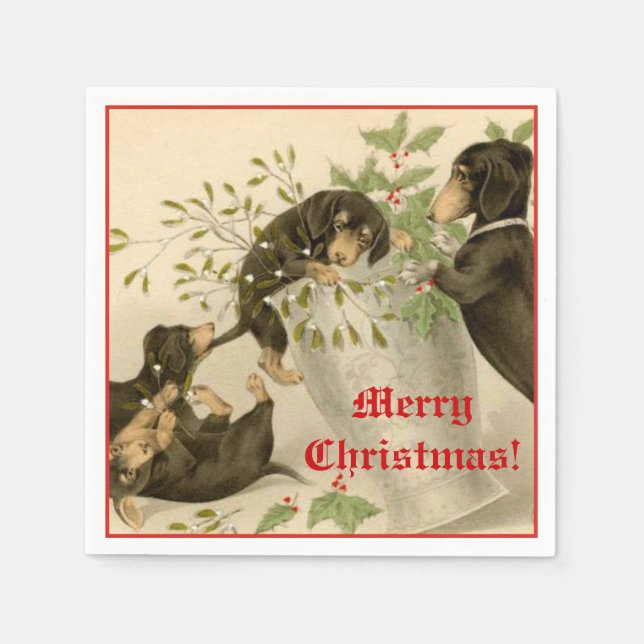 Cute play dachshund hundar och mistletoe vintage pappersservett (Framsidan)