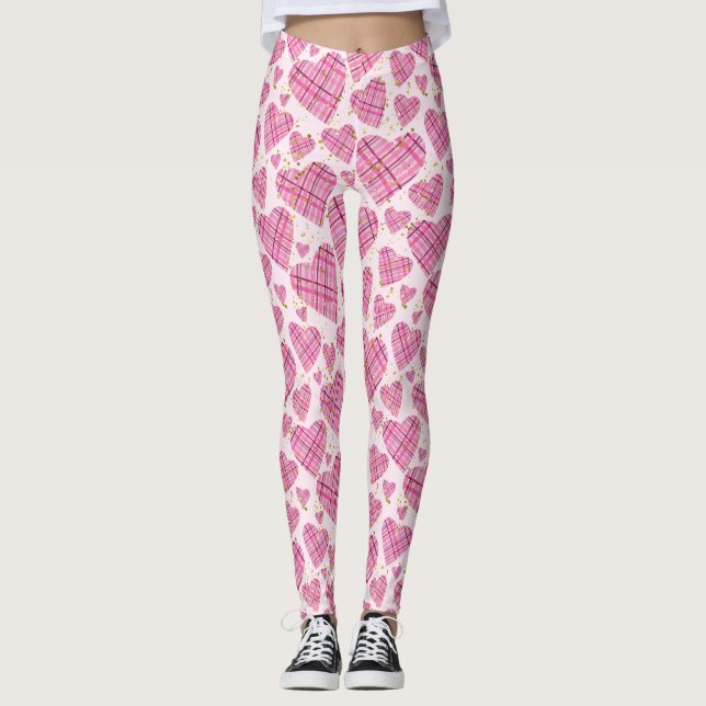 Cute Play Hearts Mönster med Faux Guld Glitter Leggings (Framsida)
