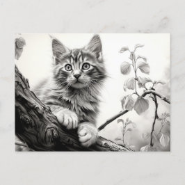 Cute play kitten - Black and White Teckning Art Vykort