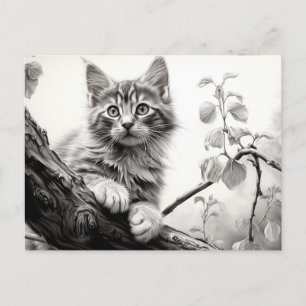 Cute play kitten - Black and White Teckning Art Vykort