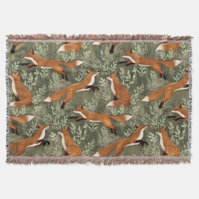 Cute Playful Foxes in Red Brown on Oliv grönt Filt (Framsidan)