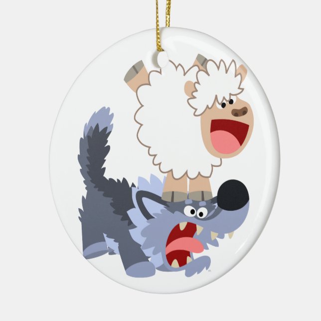 Cute Playful Tecknad Sheep and Varg Ornament (Vänster)