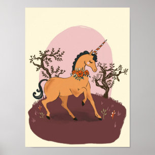 Cute & Playing Guld Unicorn Prancing Kids Art Poster
