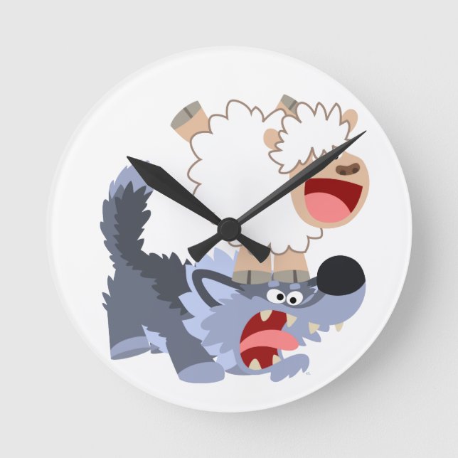 Cute Playof Tecknad Sheep and Varg Wall Clock Rund Klocka (Framsida)