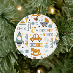 Cute Pojke Car Leksak Mönster med Namn under jul Julgransprydnad Keramik