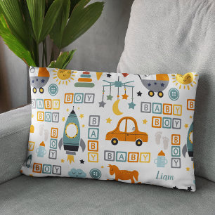 Cute Pojke Car och Leksak Mönster med Namn Prydnadskudde
