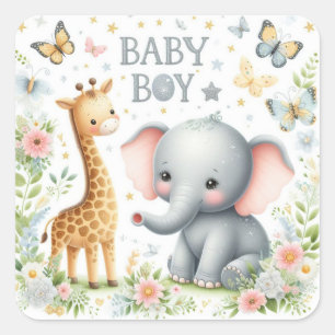 Cute Pojke Elephant och Giraffe med blommor Fyrkantigt Klistermärke