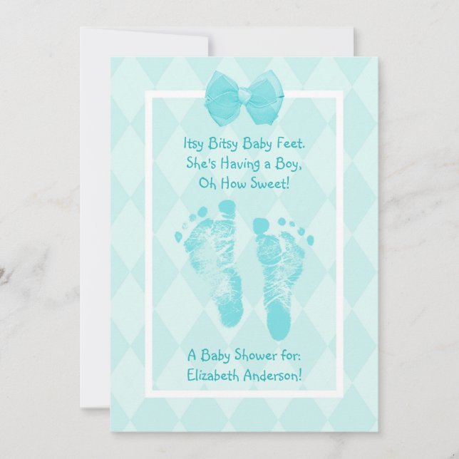 Cute Pojke Footprint Baby Shower Blue-band Inbjudningar (Framsida)