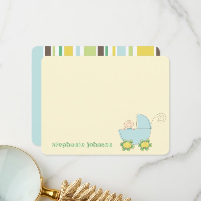 Cute Pojke i Blue Pram Whimsical Baby Shower Tack Kort (Fram/Back In Situ)
