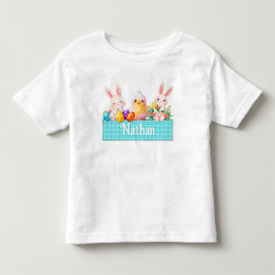 Cute pojke Påskhare Chick blue plaid namn T Shirt