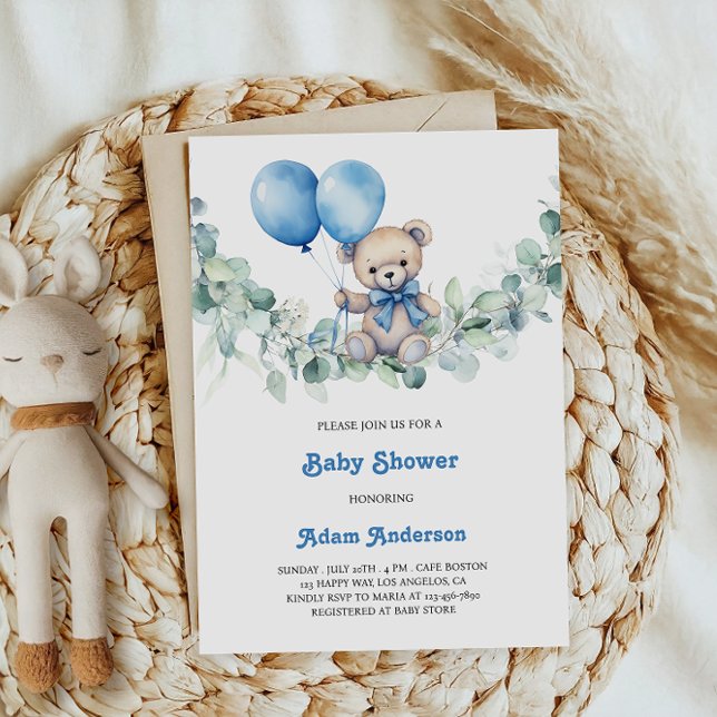 Cute Pojke Shower Inbjudan - Blue Balloes & Bear (Skapare uppladdad)