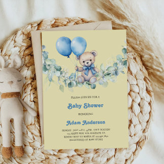 Cute Pojke Shower Inbjudan - Blue Balloes & Bear