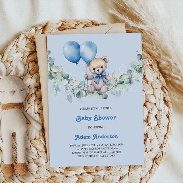 Cute Pojke Shower Inbjudan - Blue Balloes & Bear (Skapare uppladdad)