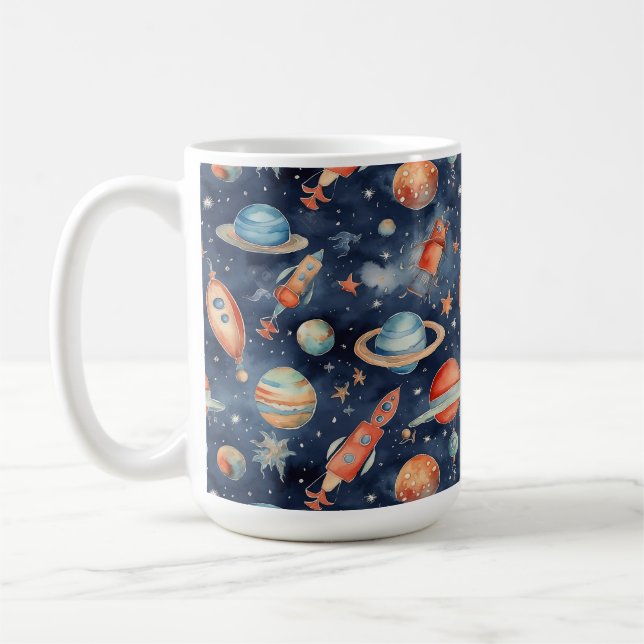 Cute Pojke Space Planet Watercolor Blue Orange Kaffemugg (Vänster)
