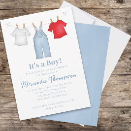 Cute Pojke Whimsique Denim Blue Clothesline Inbjudningar