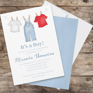 Cute Pojke Whimsique Denim Blue Clothesline Inbjudningar