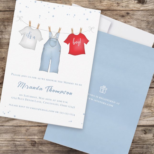 Cute Pojke Whimsique Denim Blue Clothesline Inbjudningar (Skapare uppladdad)