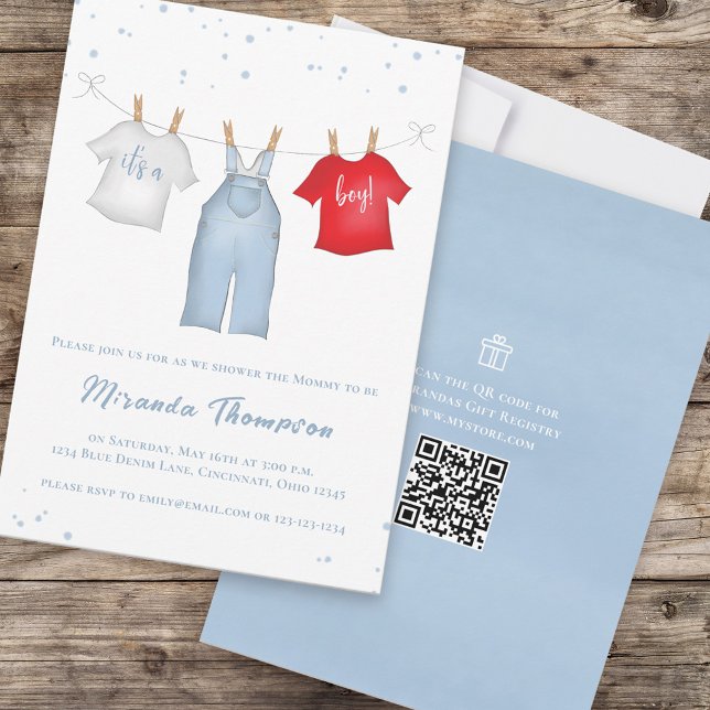 Cute Pojke Whimsique Denim Blue QR-kod Inbjudningar (Skapare uppladdad)