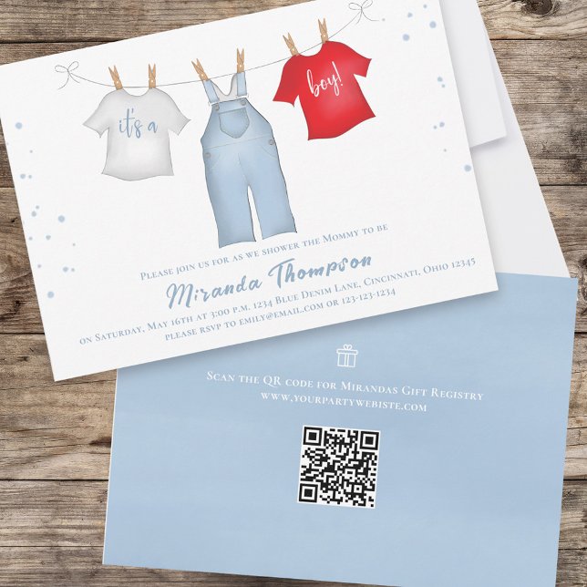 Cute Pojke Whimsique Denim Blue QR-kod Inbjudningar (Skapare uppladdad)