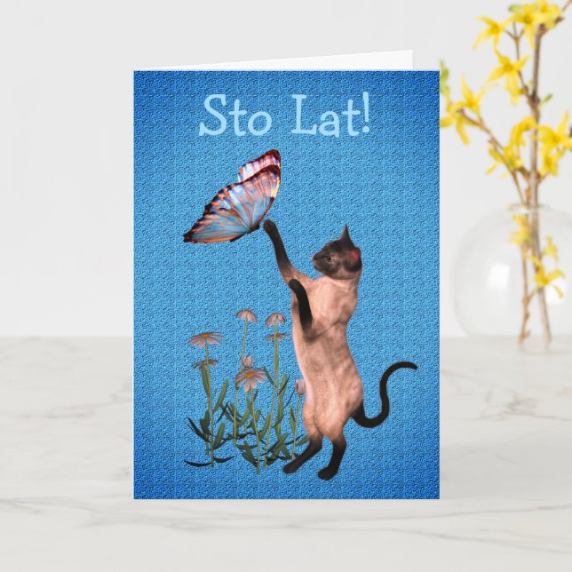 Cute Poland Birthday Cat Butterfly Kort (Gul blomma)