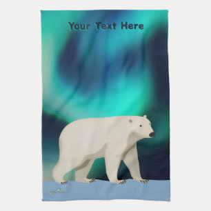 Cute Polar Bear and Northern Lights Kökshandduk