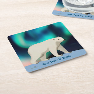 Cute Polar Bear and Northern Lights Underlägg Papper Kvadrat