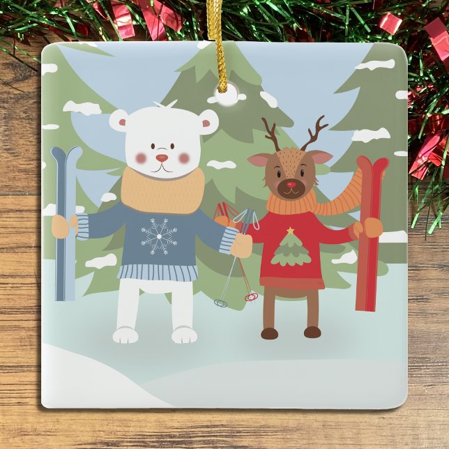 Cute Polar Bear and Reindeer with skis Ornament (Skapare uppladdad)