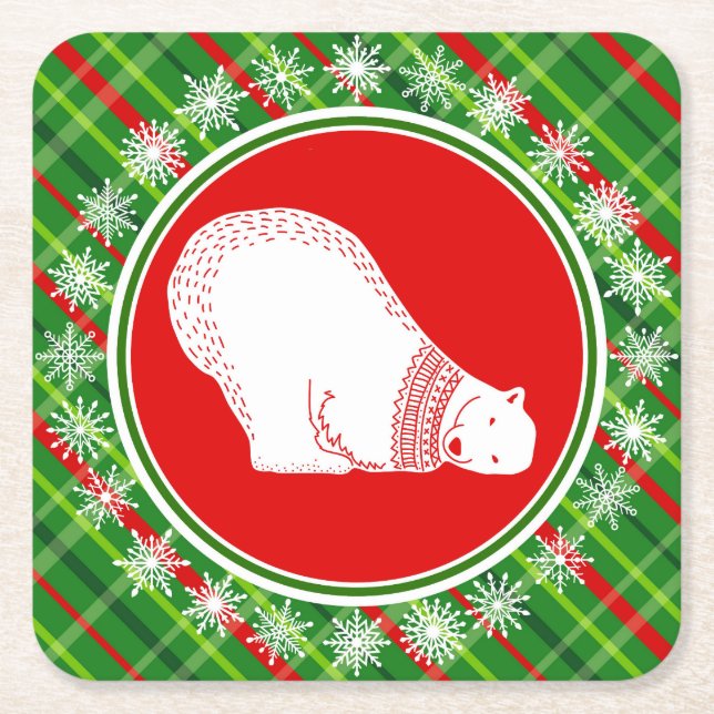 Cute Polar Bear Animal Jul Grönt Red Play Underlägg Papper Kvadrat (Framsidan)