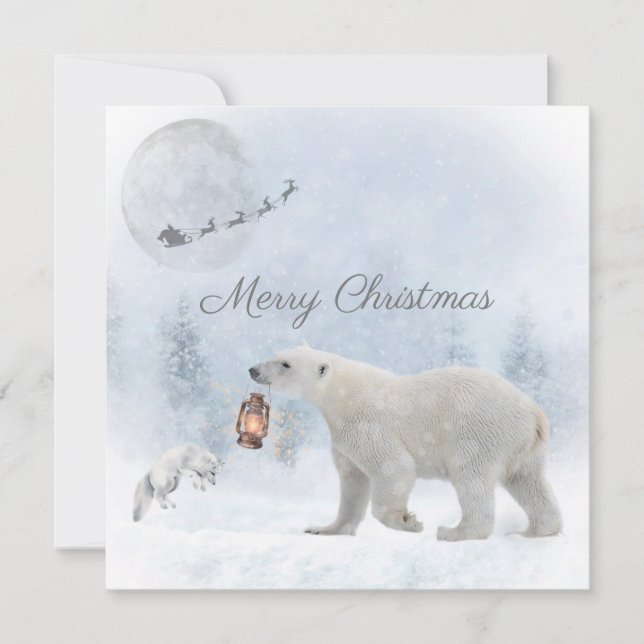 Cute Polar Bear Arktis Fox Santa Winter jul Julkort (Framsida)