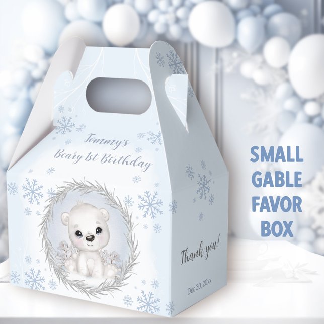 Cute Polar Bear Boy Winter Blue 1:a födelsedagen Presentaskar (Blue Polar Bear Small Gable Favor Boxes - You can choose from 3 sizes of these gable favor boxes )
