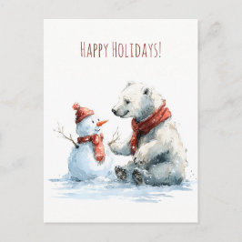 Cute polar bear build a snowman, Christmas  Vykort