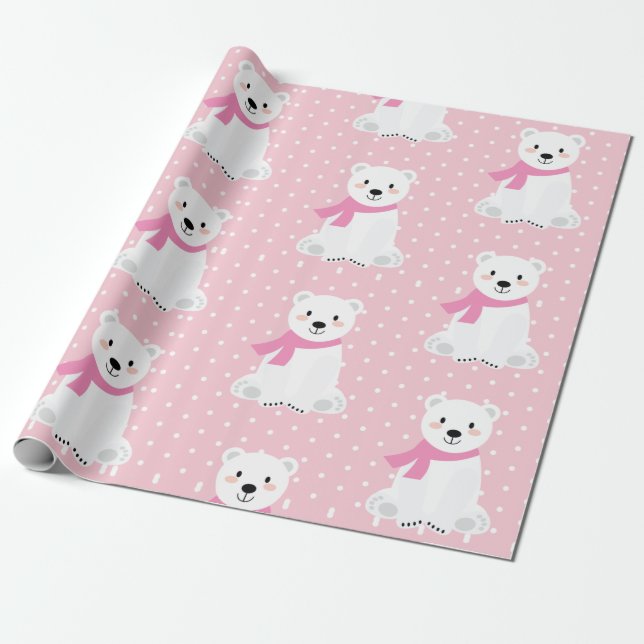Cute Polar Bear Flicka Rosa Presentpapper (Utrullad)